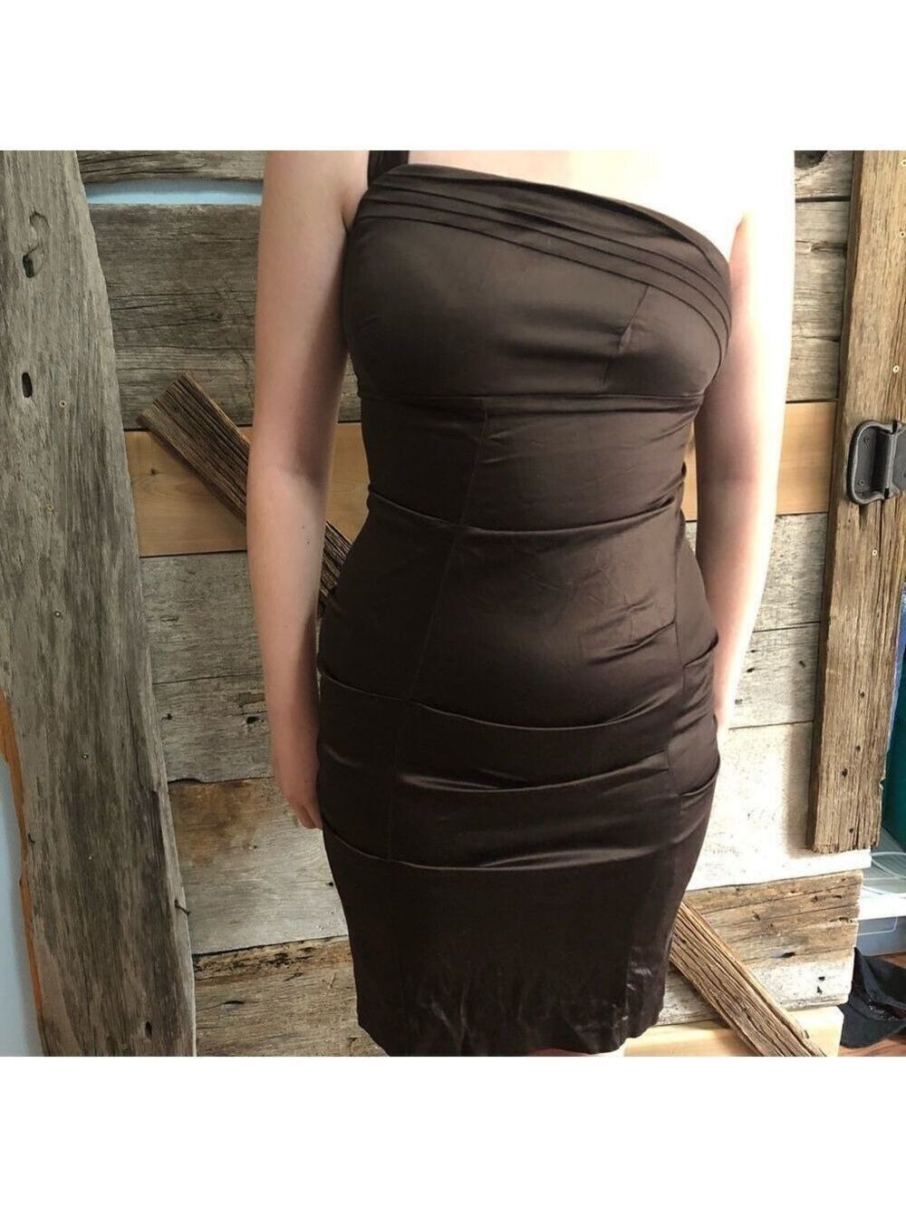 Le Chateau Size Small Brown Formal One Shoulder Dress - Picture 2 of 6